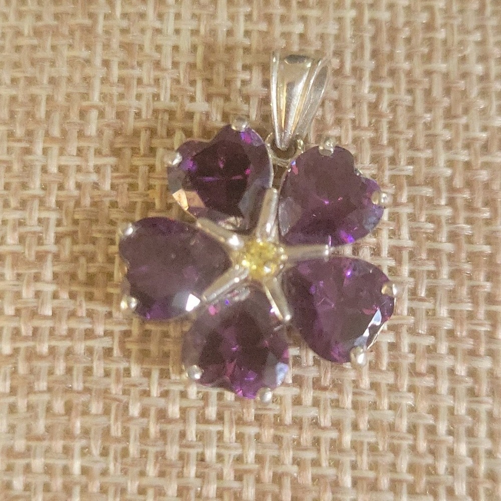 Purple Heart Flower Pendant 925 Sterling Dainty Dainty Floral Charm 0.75 Inch